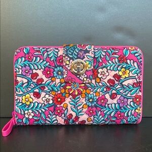 Vera Bradley Turn Lock Purse Wallet Pink Aqua Floral 7 x 5